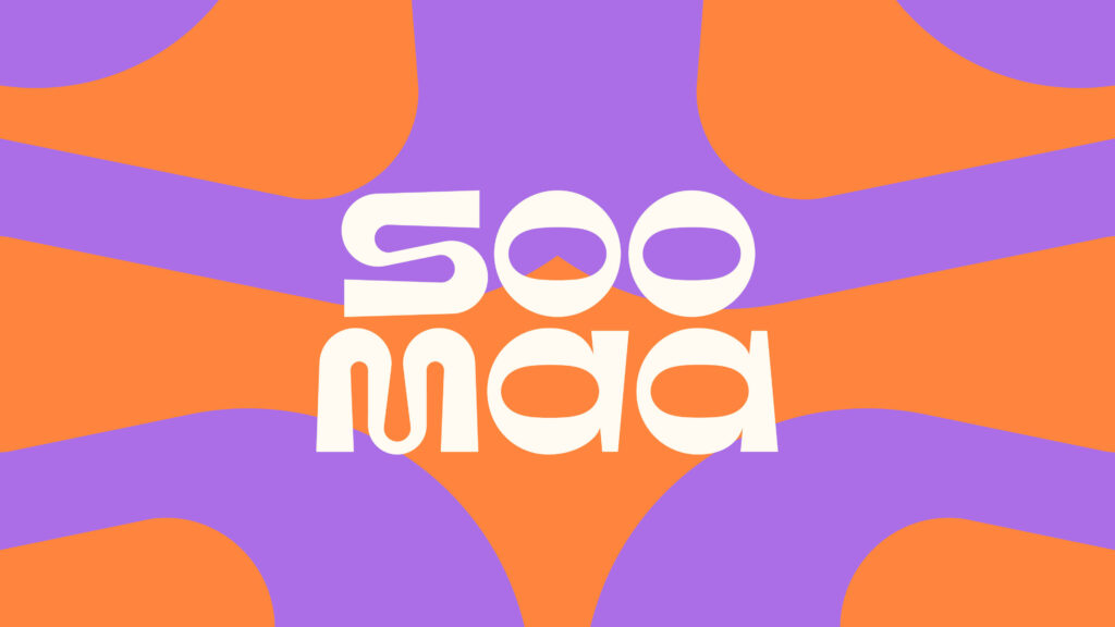 weißes soma logo auf orange-lilanem hintergrund mit organischen formen