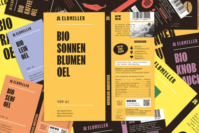 Stapel von Etiketten von elbmüller Produkten