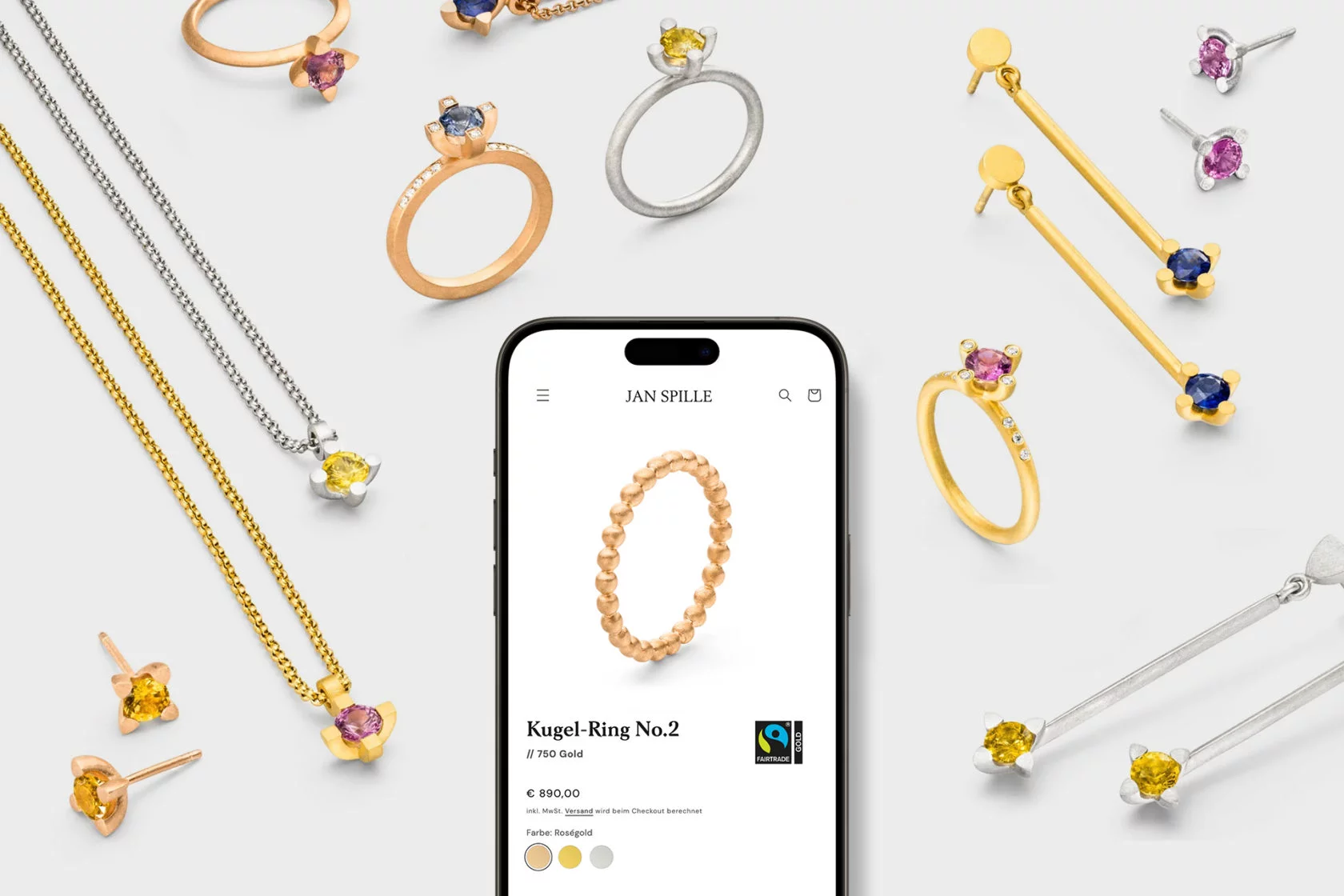 smartphone mit screenshot einer produktseite mit goldring im jan spille online shop mobile ansicht von agentur Ooniyo shopify shop erstellen lassen